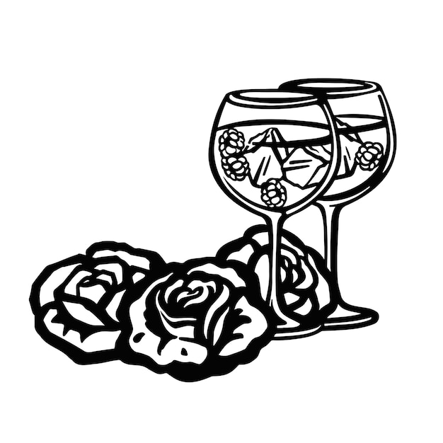 Праздничное розовое шампанское со льдом в очках и вектором иллюстрации малины и роз