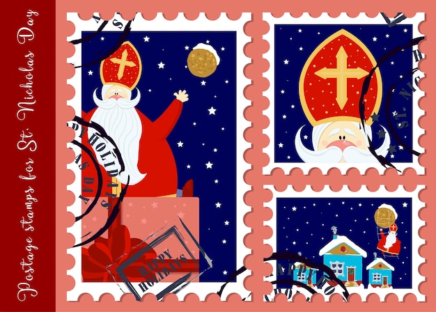 Vettore francobolli festivi francobolli per il giorno di san nicola congratulazioni per le vacanze a sinterklaas