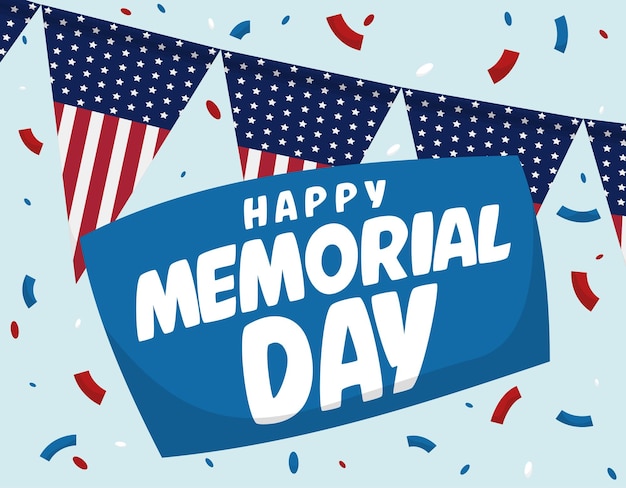 Festive poster for Memorial Day with confetti and American buntings