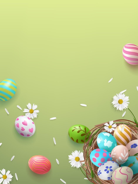 Festive poster with basket and easter eggs decorated with flowers and petals with a place for an inscription.