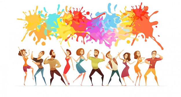 Festive poster with bright paint splashes and cartoon people figures in contemporary dance poses abstract vector illustration