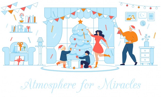 festive poster with happy family decorating home