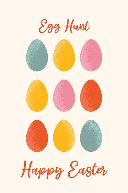 Vector festive poster with pattern colorful eggs with dust textures and typography for happy easter