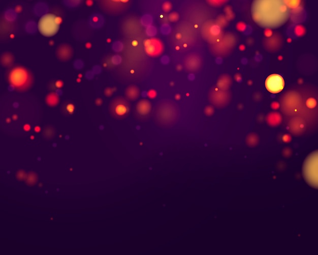 カラフルなライトのボケ味を持つお祝いの紫と金色の明るい背景。クリスマスのグリーティングカード。魔法の休日ポスター、バナー。夜の明るいゴールドの輝き光の抽象
