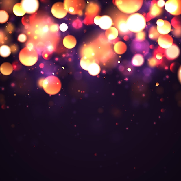 Праздничный фиолетовый и золотой светящийся фон с золотыми разноцветными огнями боке