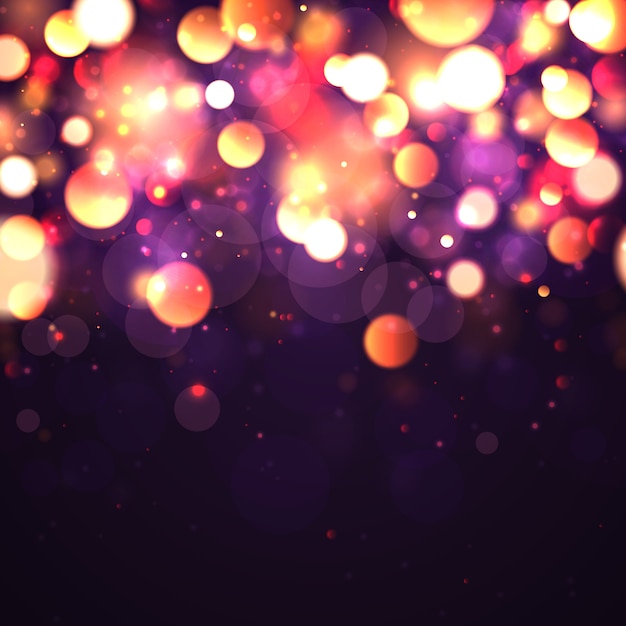 Vector festive purple and golden luminous background with colorful lights bokeh.