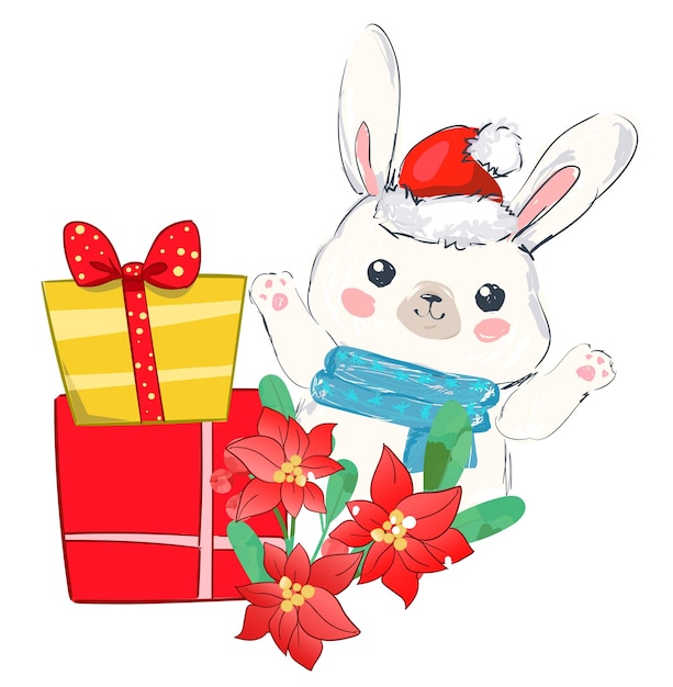 Festive rabbit in the New Years clothes gives gifts isolated on a white background design postcard congratulation vector illustration year of rabbit Cute Bunny hand drawn