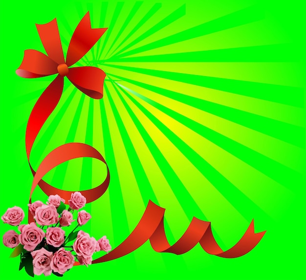 Festive red bow on green background with roses Vector