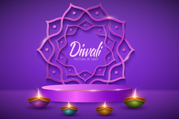 Scena festiva con lampade diya tradizionali per il festival della luce diwali podio per mostrare i tuoi marchi mandala indiano in stile taglio carta sullo sfondo 3d illustrazione vettoriale per le vacanze