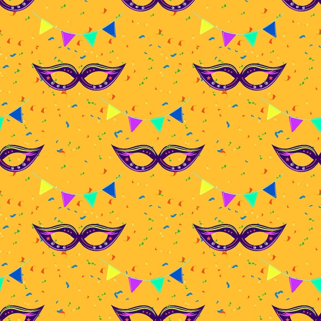 Festive seamless background with carnival masks and confetti on yellow background