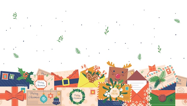 クリスマスのモチーフで装飾された魅力的なクリスマス封筒を特徴とするフェスティバル・シームレス・パターン 美しいホリデーテーマの水平境界 壁紙フレームまたは装飾 カートゥーン・ベクトルイラストレーション