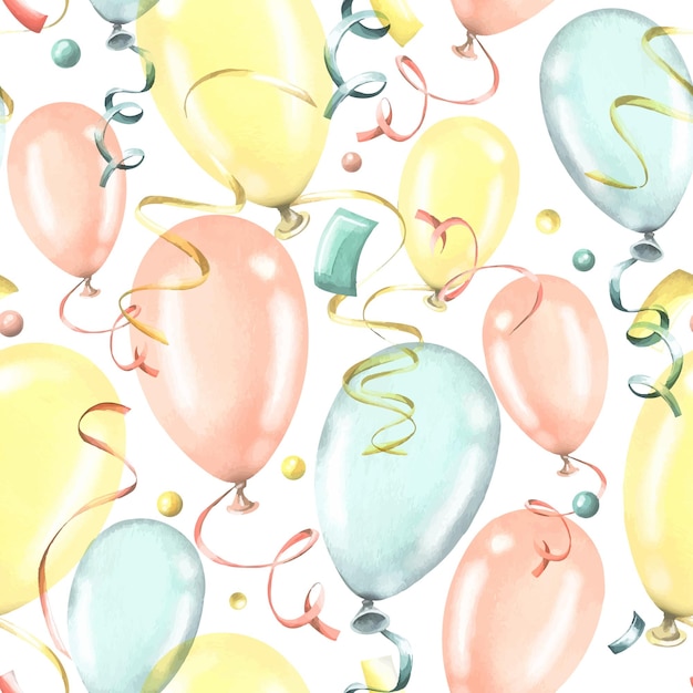 Festive seamless pattern with balloons of yellow blue and pink colors on a white background Watercolor illustration from a large set of HAPPY BIRTHDAY For decoration and background design