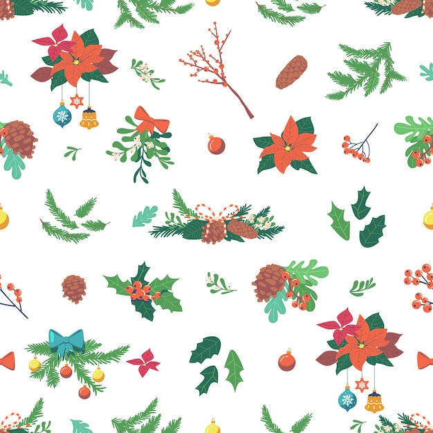 クリスマスの植物やヒイラギの葉ヤドリギの小ぎれいなな枝弓やつまらないものとお祭りのシームレスなパターン休日プロジェクト漫画ベクトル図の陽気なデザインを作成します。