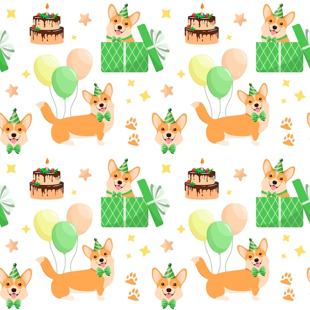 A festive seamless pattern with funny corgi dogs cartoon design