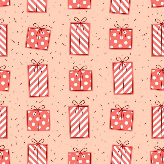 Festive seamless pattern with pink gift boxes.  Repeating vector pattern