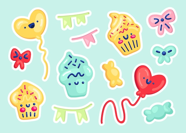 Festive set of 3d vector icons and stickers. Kawaii smiling sweets for print, textile, decor, kids