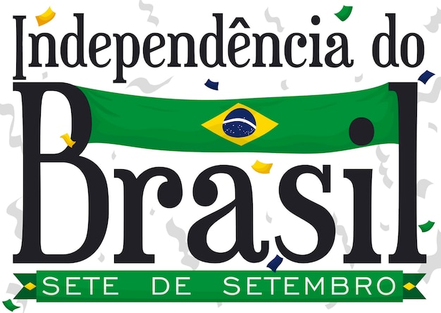 Nastro di coriandoli con stelle filanti festive e bandiera brasiliana pronti a celebrare il giorno dell'indipendenza del brasile