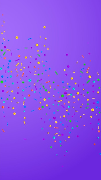 festive sublime confetti. celebration stars. festive confetti on violet background. fresh festive overlay template. vertical vector background.
