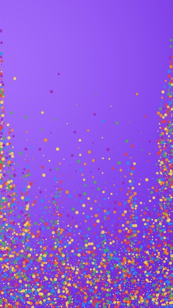 Festive uncommon confetti. Celebration stars. Joyous confetti on violet background. Glamorous festive overlay template. Vertical vector background.