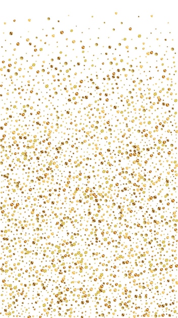 Festive unique confetti. Celebration stars. Gold confetti on white background. Graceful festive overlay template. Vertical vector background.