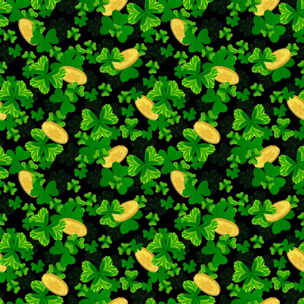 Vector festive vector background for st patricks day seamless pattern of clover leaves and golden coins