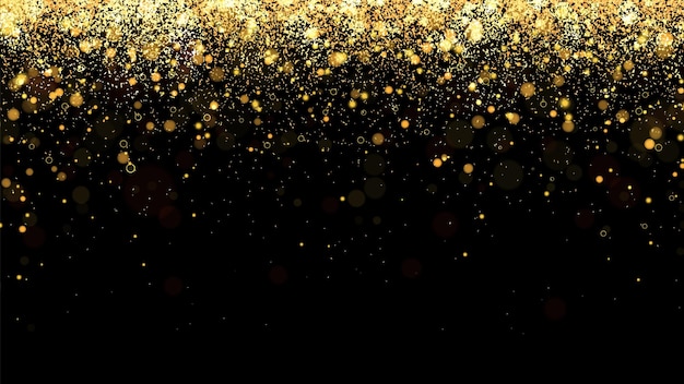 Festive vector background with gold glitter and confetti for christmas celebration Black background with glowing golden particles