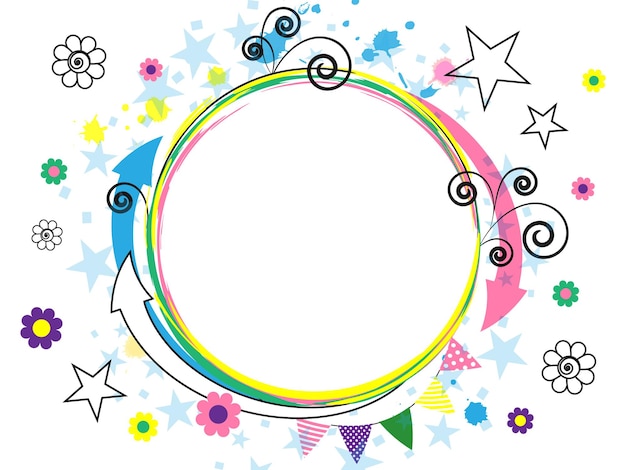 Festive white background with colorful comic elements. abstraction. arrows, spirals, stars, flowers. cheerful multi-colored design. vector illustration.