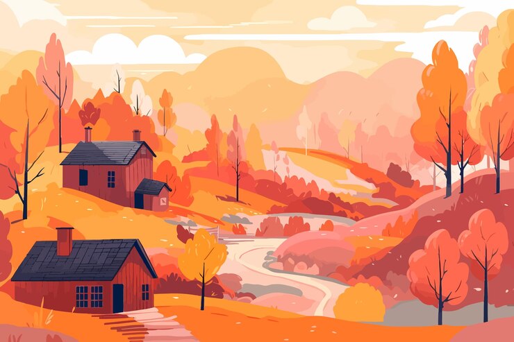 Vector festive winter village vibrant color field illustration of houses and trees in light orange and whi