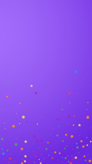 Festive wonderful confetti. celebration stars. joyous stars on violet background. great festive overlay template. vertical vector background