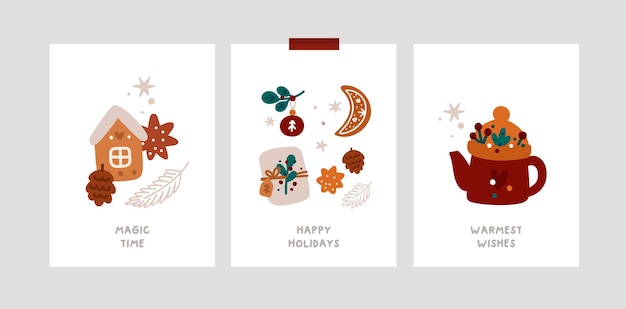 Vector festive xmas greeting cards with traditional winter holiday symbols