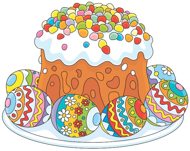 Torta di pasqua decorata a festa e uova regalo dipinte a colori vivaci