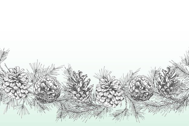 Vector festivev background template with seamless pattern realistic botanical ink sketch of fir tree branches with pine cone in black and white colors isolated on white vector illustrations