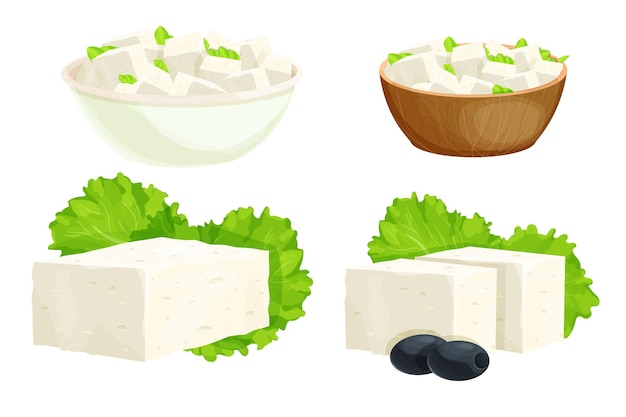 Vector feta kaas stukjes in kom in cartoon stijl gedetailleerde ingrediënt geïsoleerd op wit