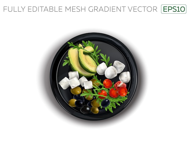 Vector feta and mozzarella cheese with vegetables on a black plate.