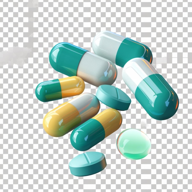 A few blue and white pills green circle shaped balls yellow round pills in the style of cartoon