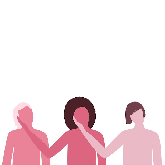 肌の色の違う女性が数人並んでいる。女性の友情、支援、フェミニストの団結
