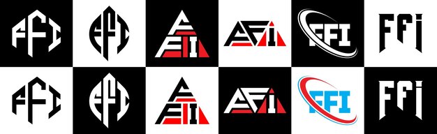 FFI letterlogo-ontwerp in zes stijlen FFI veelhoek cirkel driehoek zeshoek platte en eenvoudige stijl met zwart-witte kleurvariatie letterlogo in één tekengebied FFI minimalistisch en klassiek logo