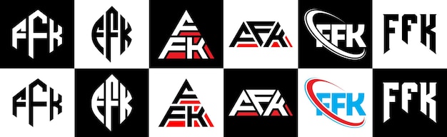 6가지 스타일의 FFK 문자 로고 디자인 FFK 다각형 원형 삼각형 육각형 평평하고 단순한 스타일(한 아트보드에 흑백 색상 변형 문자 로고 설정) FFK 미니멀리스트 및 클래식 로고