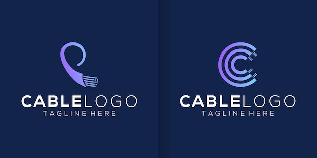 光ファイバー ケーブルのロゴ デザイン コレクション インターネット接続ベクター デザイン通信とネットワークのロゴの種類