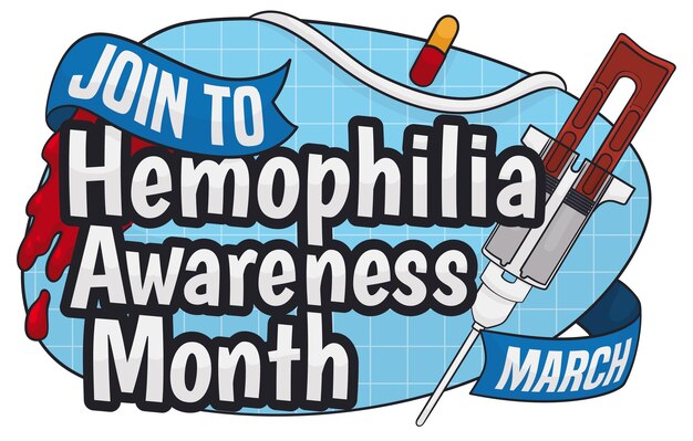 Fibrin sealant pill sign and ribbon promoting hemophilia awareness month on march