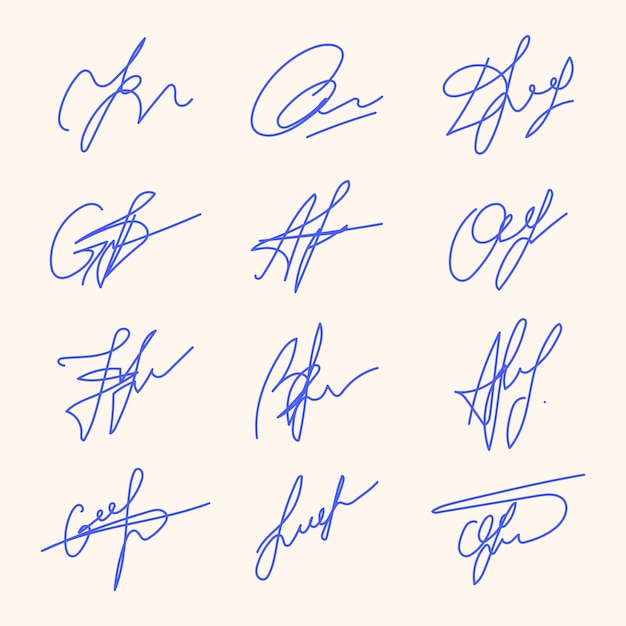 Fictitious handwritten signature Signature variations Fine handwriting Diverse scribbles