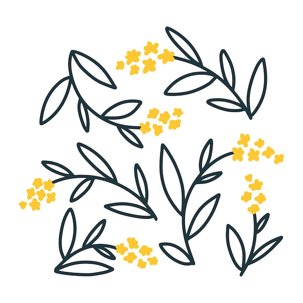 Field cute flowers collection Simple cartoon handdrawn style Pretty ditsy Scandinavian doodle