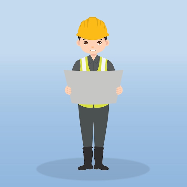 Field engineer using helmet signal vest worker in different pose cartoon character