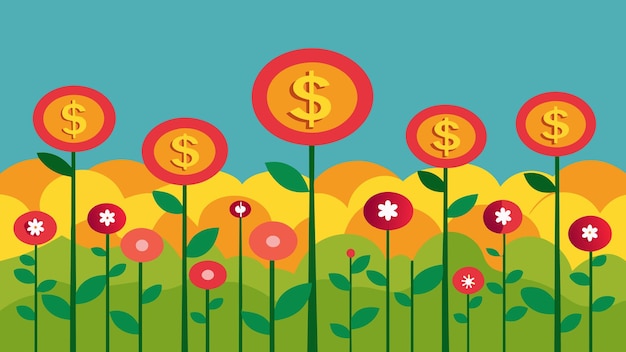 Vector a field of flowers with each flower representing a dollar amount growing thicker and more abundant