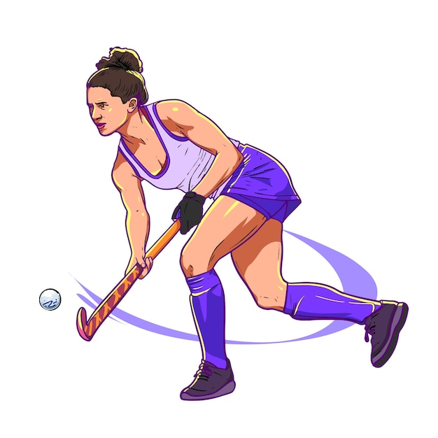 Vector field hockey female player playing action figure colorful illustration