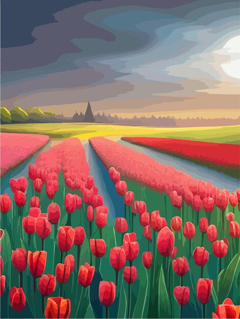 Vector field reds tulips against backdrop mountains spring banner vector illustration huge field of