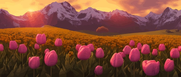 Vettore un campo di tulipani sullo sfondo delle montagne primavera bandiera vettoriale illustrazione enorme campo di