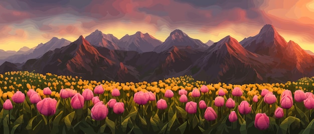 Vettore un campo di tulipani sullo sfondo delle montagne primavera bandiera vettoriale illustrazione enorme campo di