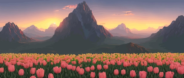 Vettore un campo di tulipani sullo sfondo delle montagne primavera bandiera vettoriale illustrazione enorme campo di