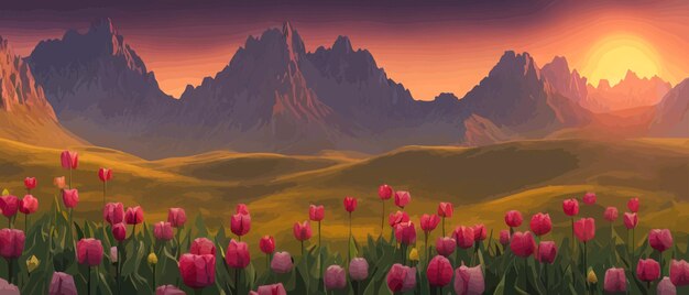 A field of tulips against the backdrop of mountains spring banner vector illustration huge field of